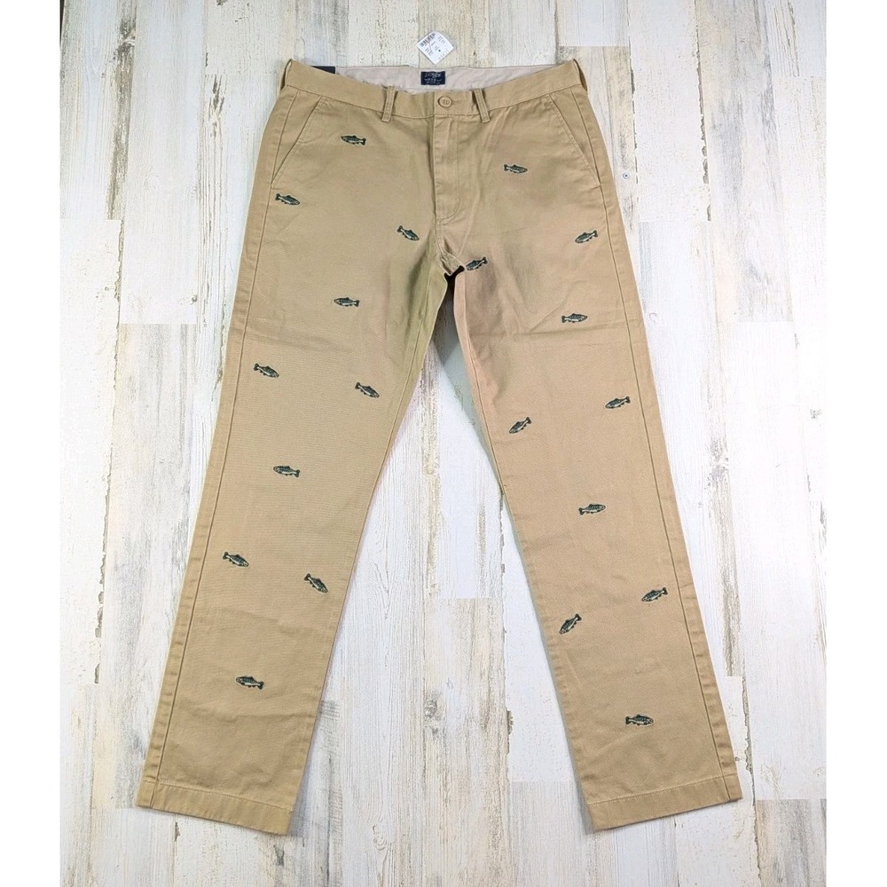 NEW J Crew Pants Mens 33x31 Tan Khaki Fish Embroidered Sutton Chino (Tag 33x32)